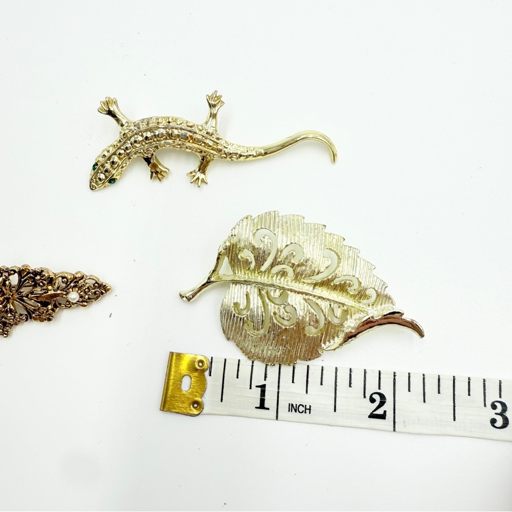 Gerry’s Vintage Gold Tone 3 Brooch Sets Lizard Leaf Floral Rhinestone Pearl Pins - Picture 11 of 13